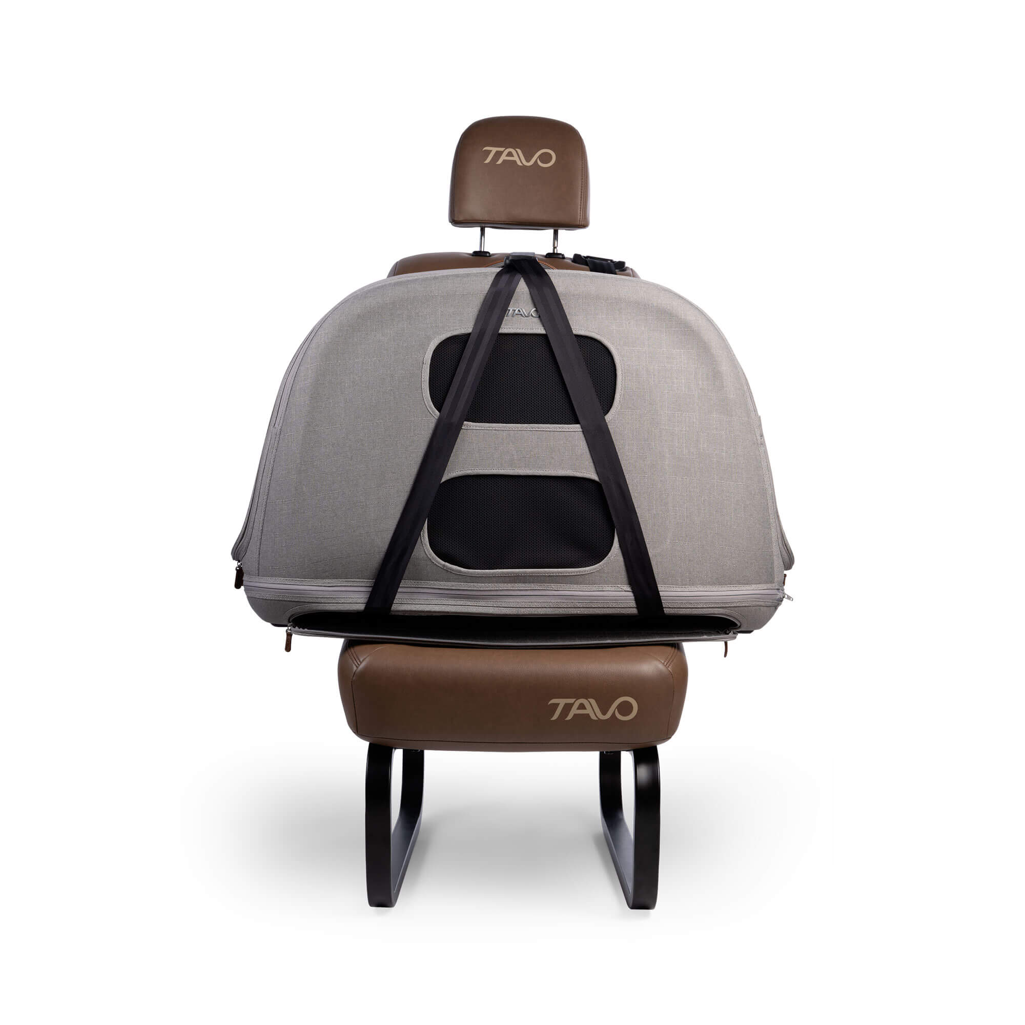 Draufsicht der TAVO Crispin Transportbox in Größe Large, sicher auf einem Autositz befestigt. Ideal für kleine Hunde, mit perfekter Passform und stabiler Verankerung.