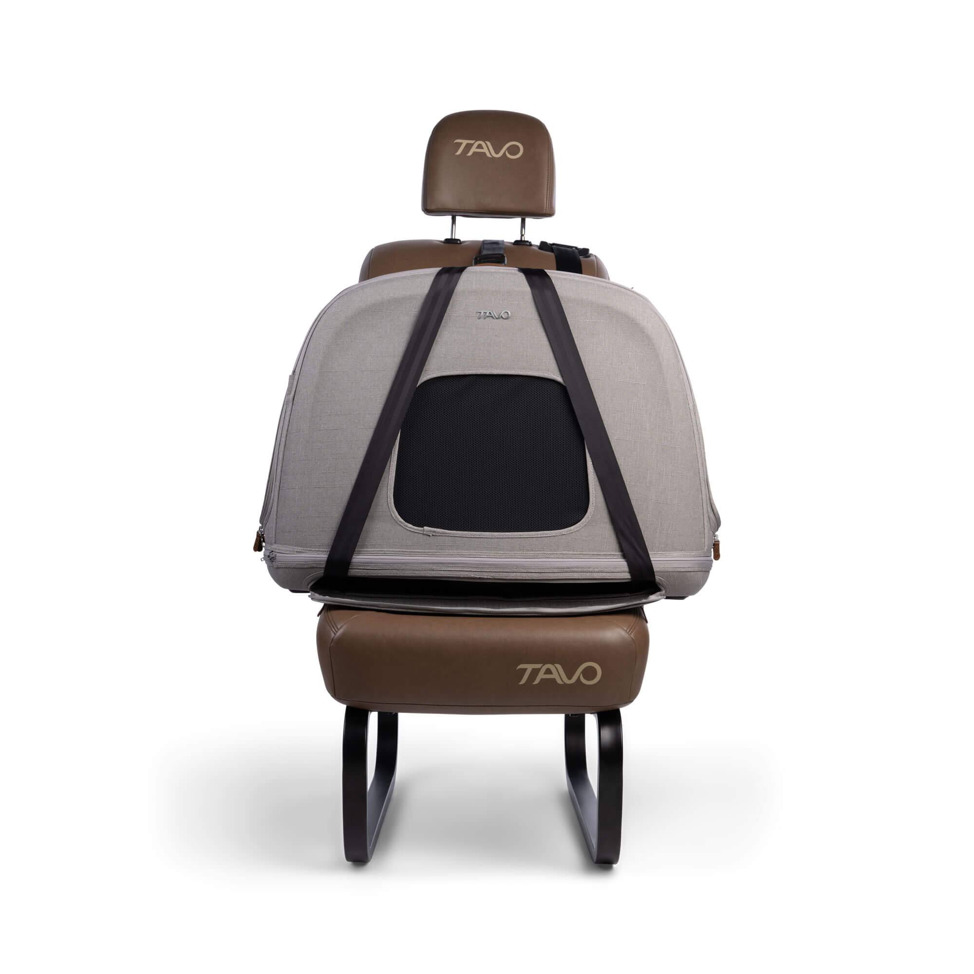 Draufsicht der TAVO Crispin Transportbox in Größe Medium, sicher auf einem Autositz befestigt. Ideal für kleine Hunde, mit perfekter Passform und stabiler Verankerung.