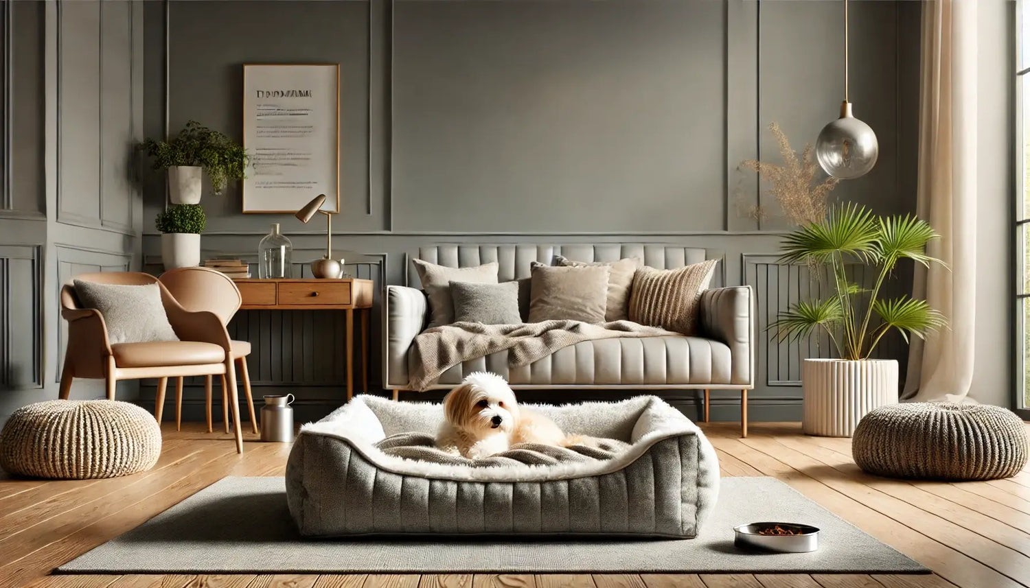 Ein zufriedener Hund liegt auf einem hochwertigen BauBaru-Hundebett in einem eleganten Wohnzimmer, umgeben von einer kuscheligen Hundedecke und einer stilvollen Hundetasche – ein Wohlfühlmoment für Deinen Vierbeiner.