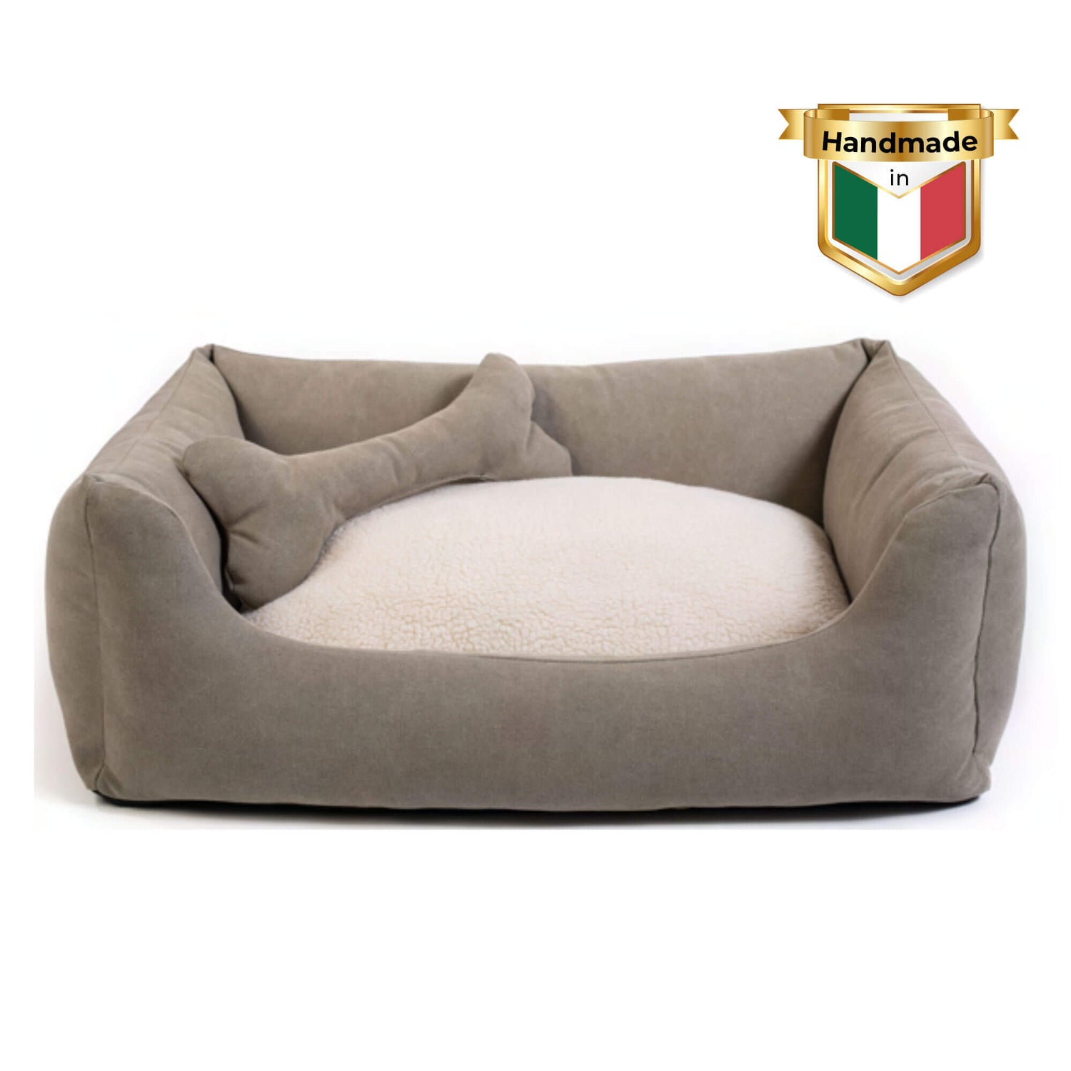 Relax Denim Hundebett in Beige – elegantes Hundebett aus atmungsaktiver Baumwolle, mit stabiler Unterseite und liebevollem Plüschtierknochen.