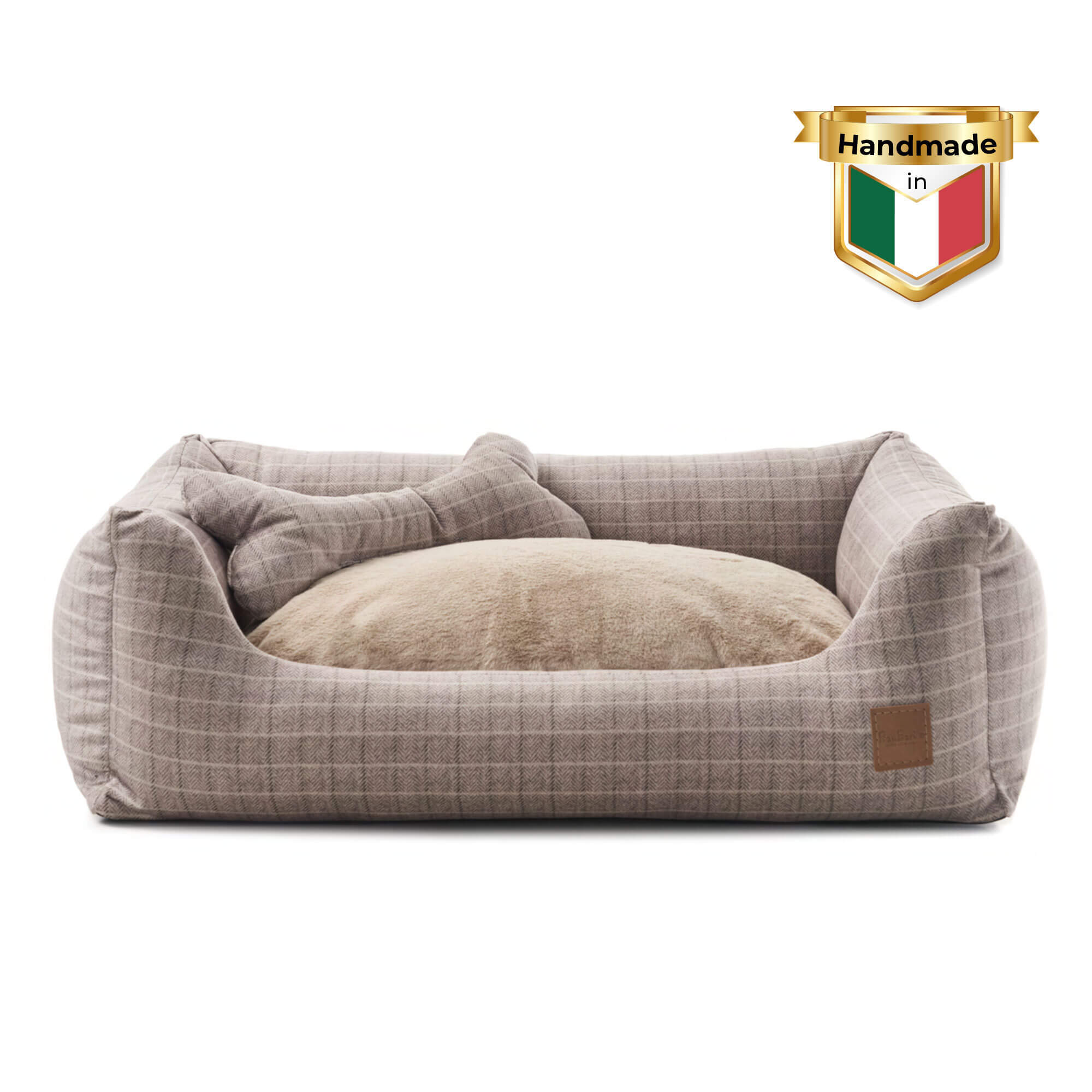 Relax Glasgow Hundebett in Beige – elegantes Hundebett aus nachhaltigem Tartan-Stoff, mit gemütlicher Schaumstoffpolsterung, stabiler Basis und süßem Plüschtierknochen.