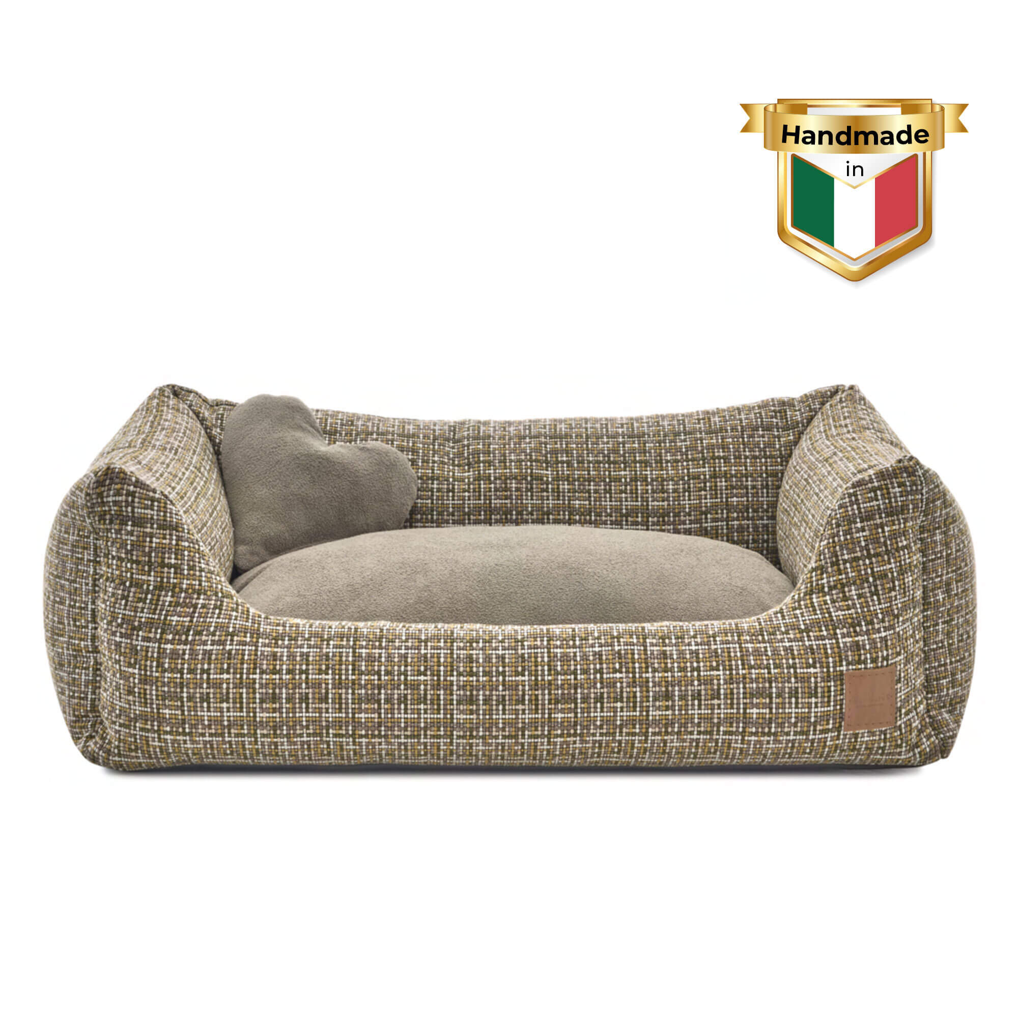 Relax Mosaik Hundebett in Beige – elegantes und umweltfreundliches Hundebett, mit weichem Stoff, rutschfester Unterseite und bezauberndem Plüschtierherz.