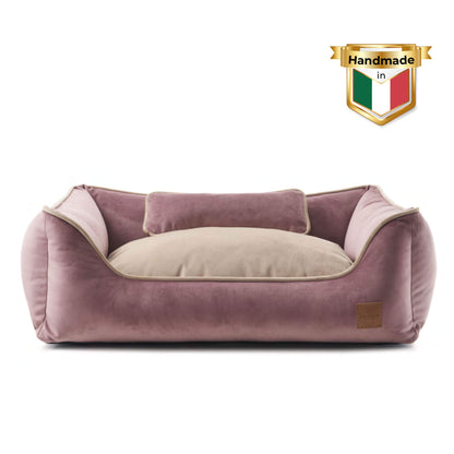 Relay Retro Hundebett in Pink – stilvolles Retro-Design aus samtigem Velours, unterstützt durch weiche Polsterung und rutschfeste Unterseite.