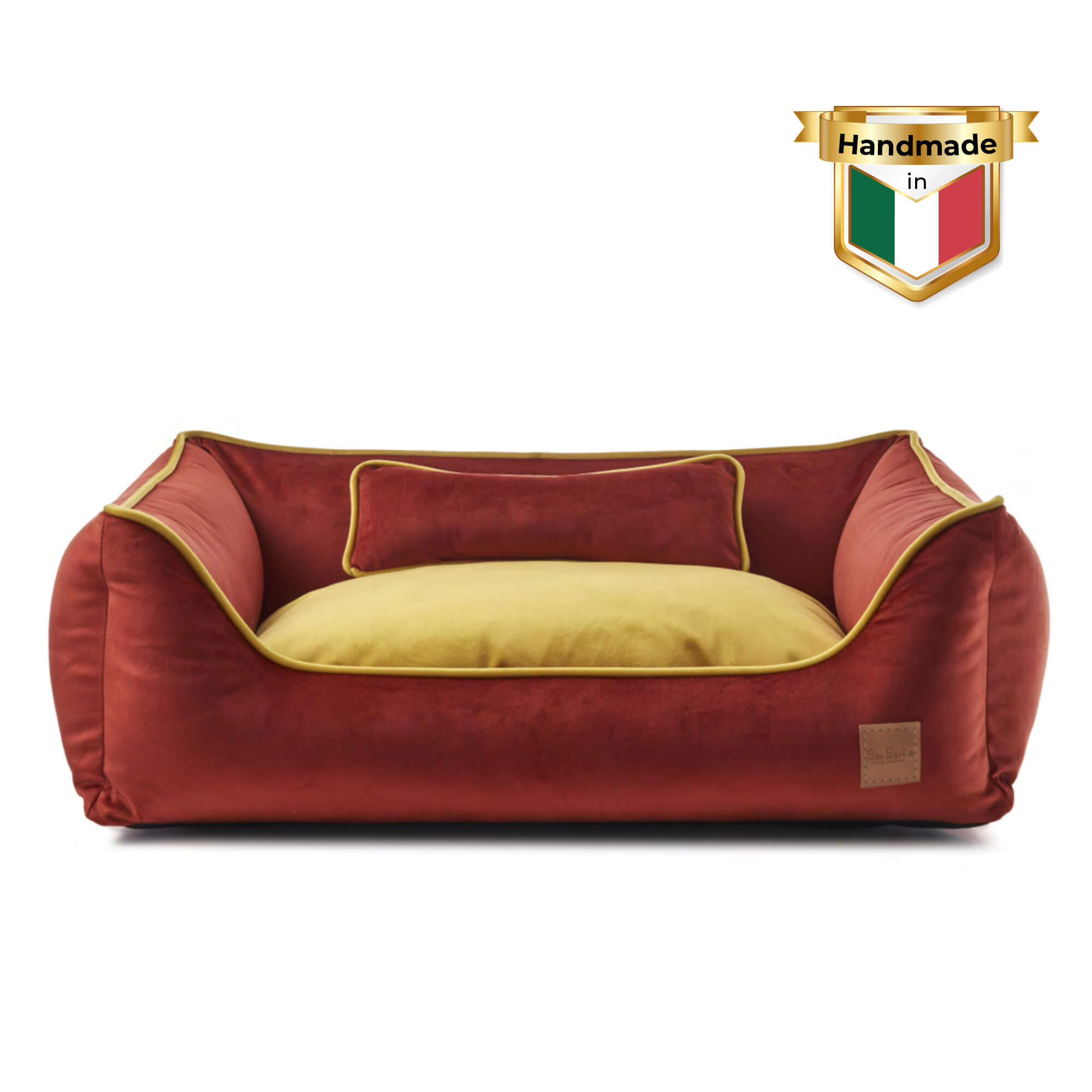 Relay Retro Hundebett in Rot – zeitloses Design aus weichem Veloursstoff, mit stabiler Kunstlederbasis und gemütlicher Polsterung.