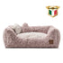 Relax Hundebett in Pink mit weichem Bärenfell-Stoff, rutschfester Basis aus Öko-Kunstleder und zwei Plüschtierherzen, ideal für Komfort und Spielspaß.